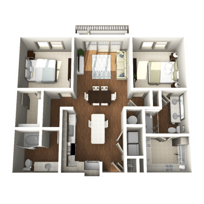 a 3d rendering of a floor plan with a bedroom and a living room